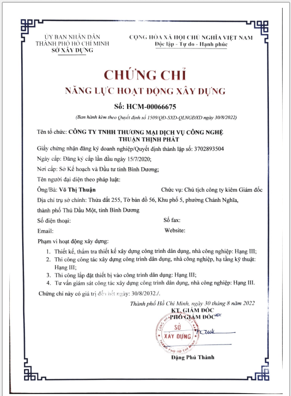 Chứng chỉ năng lực hoạt động xây dựng - Công ty TNHH Đầu tư Xây dựng Thuận Thịnh Phát